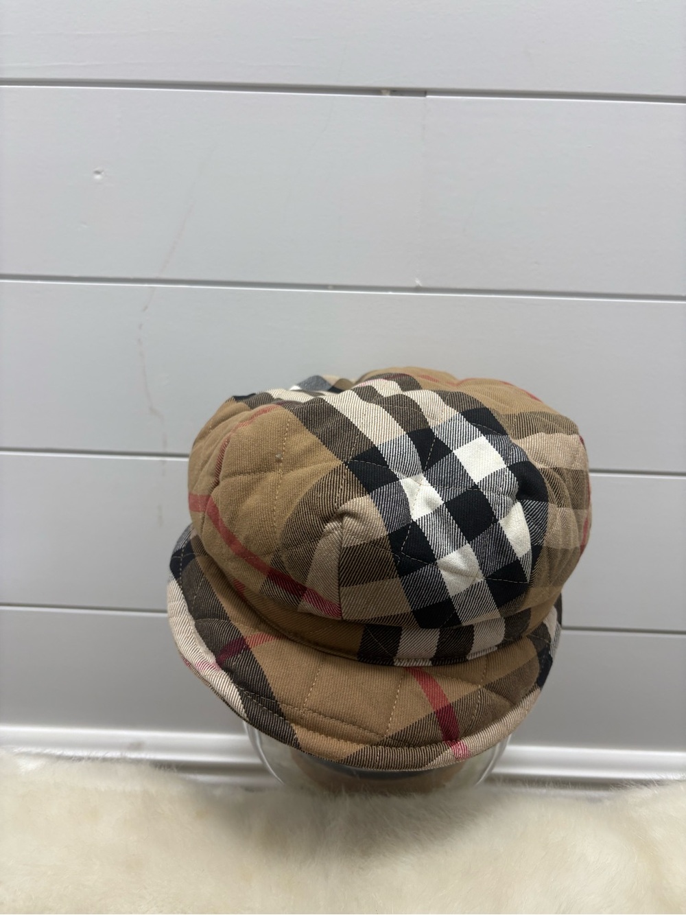 Burberry Check Pattern Bucket Hat in Beige, Navy & Red - Picture 2 of 3